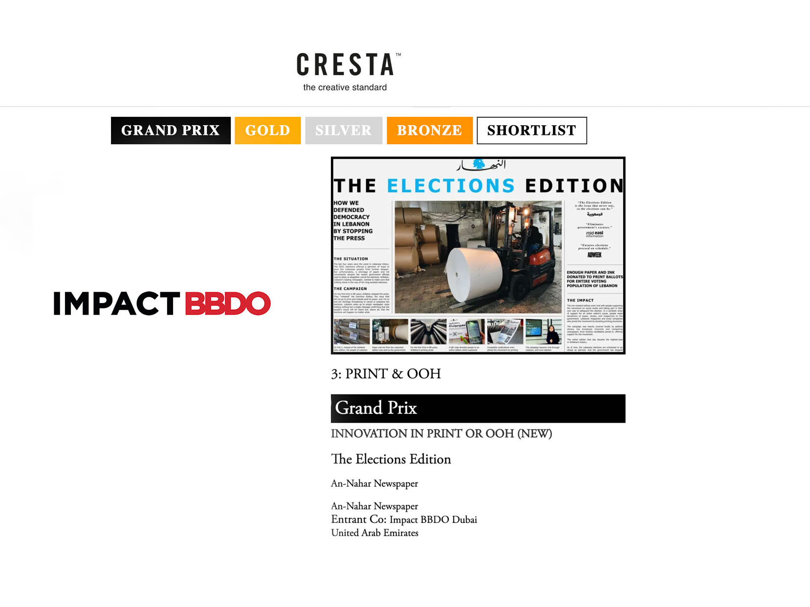 Unprecedented performance for the Middle East at Cresta Awards 2022 with Grand Prix earned by Impact BBDO 